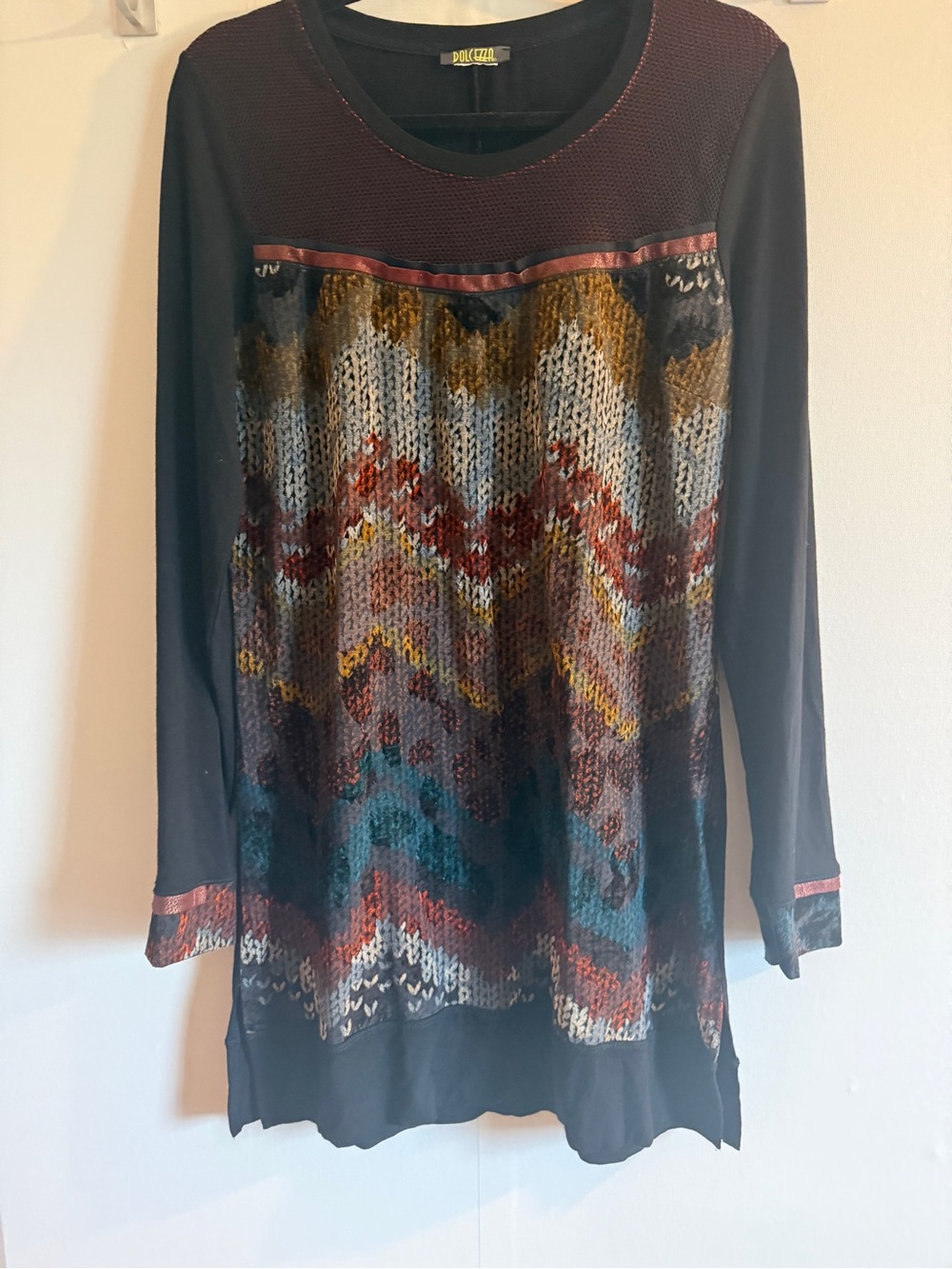 Dolcezza Mixed Media Knit Print Tunic Top Medium Long Sleeve Artwear